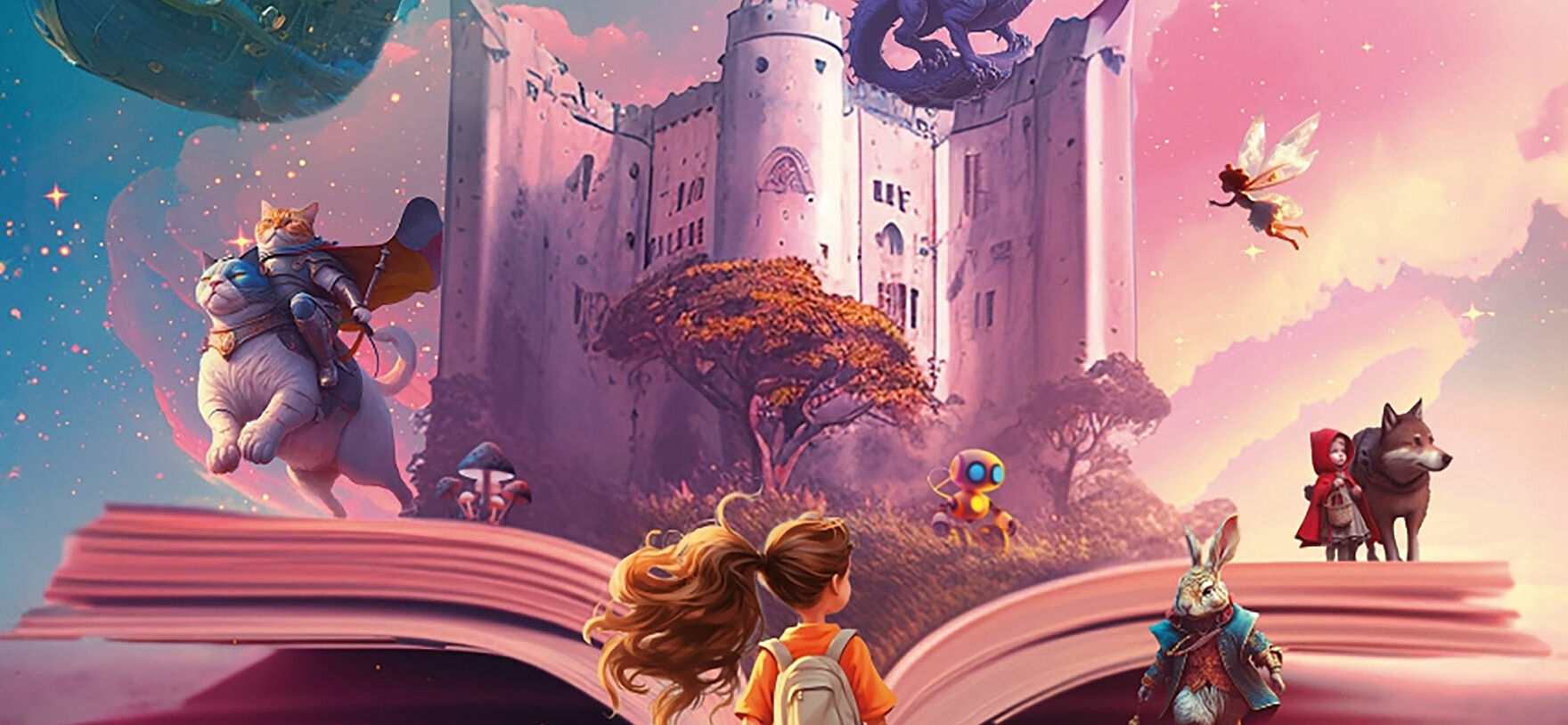 Affiche dessinée du festival du livre jeunesse montrant un monde fantastique avec bateau volant, dragon, fée..